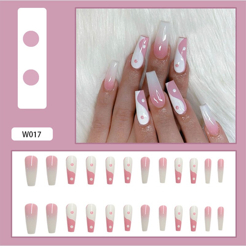 24Pcs/Box White French Fake Nails Press on Long XL Length Rhinestone Design False Nails Full Cover Acrylic Nail Tips JZJ-W017