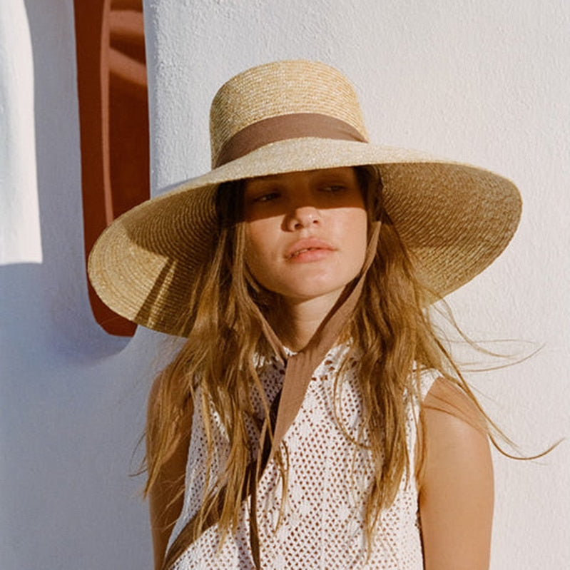 Wide Brim Beach Hats With Neck Tie For Women Large UV Protection Sun Hats Summer Big Brim Wheat Straw Hats Wholesale coffee ribbon