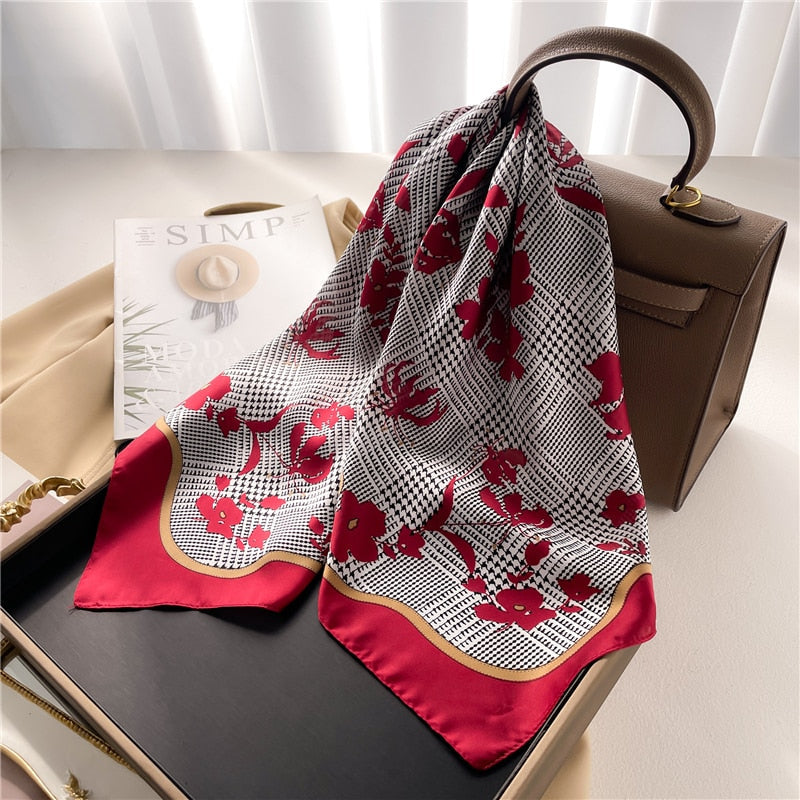 Luxury Print Satin Silk Square Scarf for Women Shawl Hijab Neckerchief Female Hair Ribbon Headband Fashion Wrap Bandana New FJ706-3