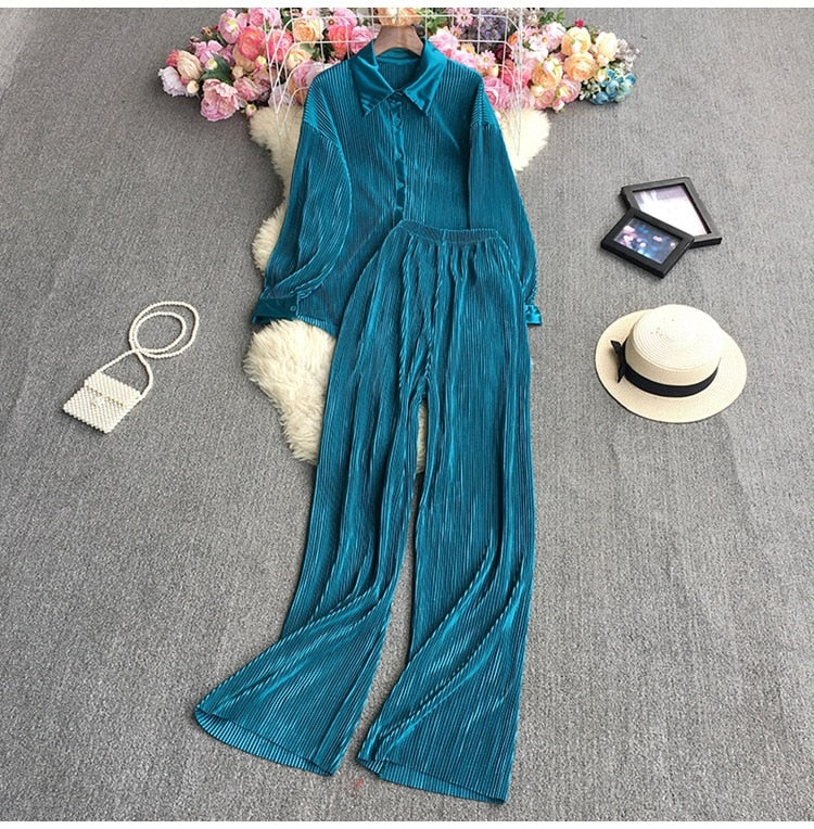 Casual Women Elegant Pleated Two Piece Set Long Sleeve Shirt And Wide Leg Pant Suits Loose Office Lady Outfits Autumn blue 2 One Size