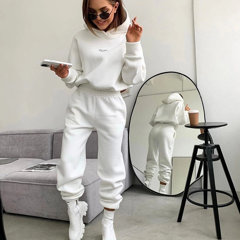 Women Tracksuit Autumn Winter Warm Hoodies Top Suits Casual Hooded Sweatshirts And Jogging Pants Outfits Sweatpants 2 Piece Sets