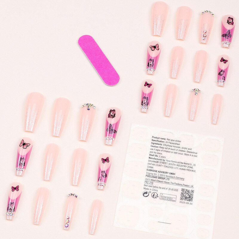 3D fake nails accessories long french coffin tips with red butterfly diamond glitter designs faux ongles press on false nail set
