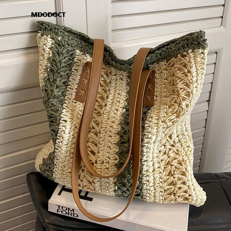 Casual Large Capacity Straw Woven Tote Shoulder Bags For Women Luxury Designer Beach Ladies Handbags Green