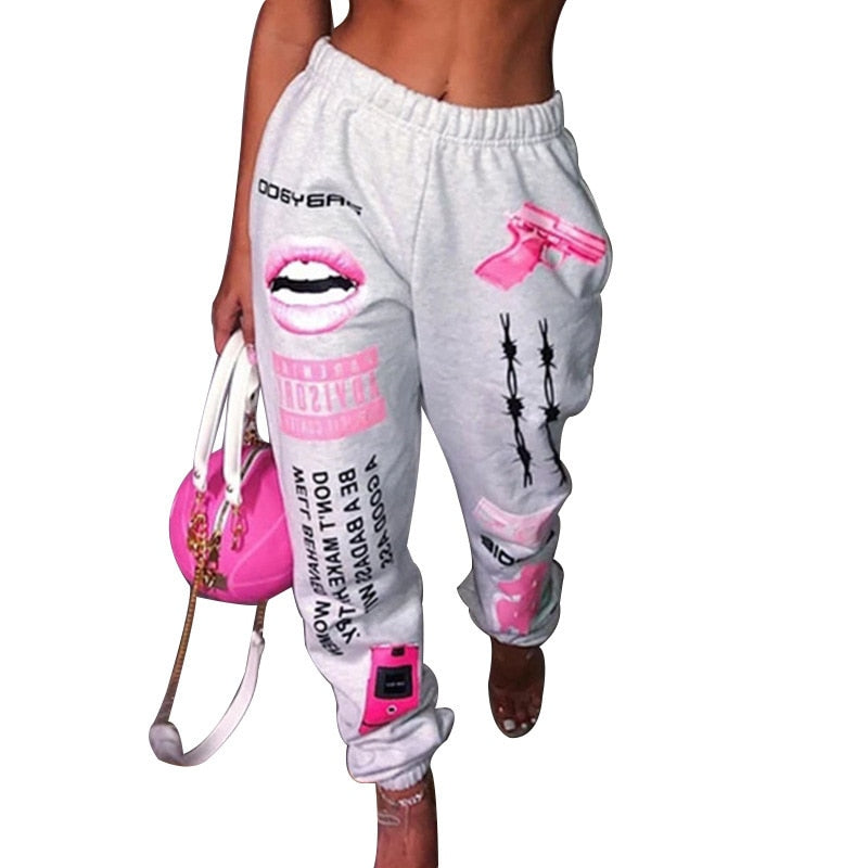 Women Fashion Elastic Waist Sports Casual Harem Pants Femme Joggers Trouser Printed Sweatpants White