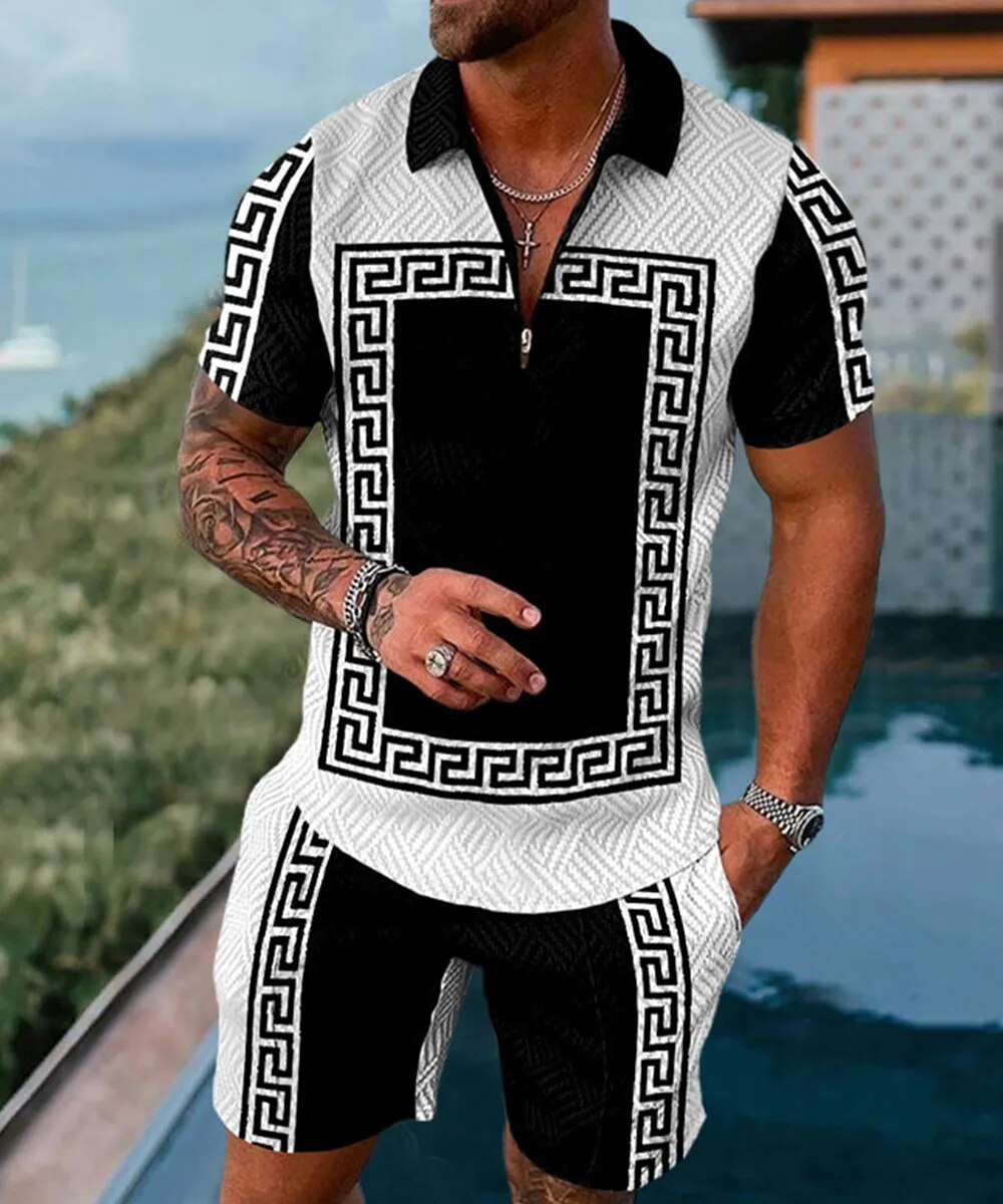 summer men's Polo shirt short sleeve 3D printing luxury retro Polo suit shirt flannel collar sportswear leisure suit 2-piece 2