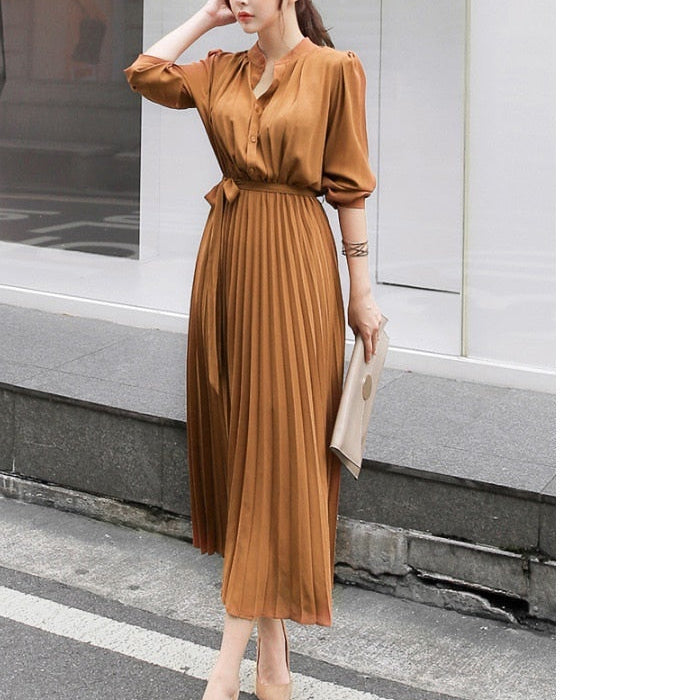 Elegant Chiffon Long Sleeve Shirt Dress Women Belt Lace Up A-line Pleated Maxi Dress Korean Fashion Fall Clothes Streetwear Orange-brown