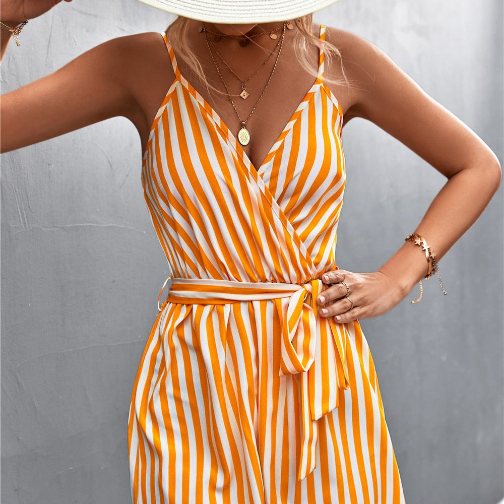 Sexy V-Neck Jumpsuit For Women Casual Stripe Sleeveless Loose Romper Shorts Beach Playsuit Female Outfit