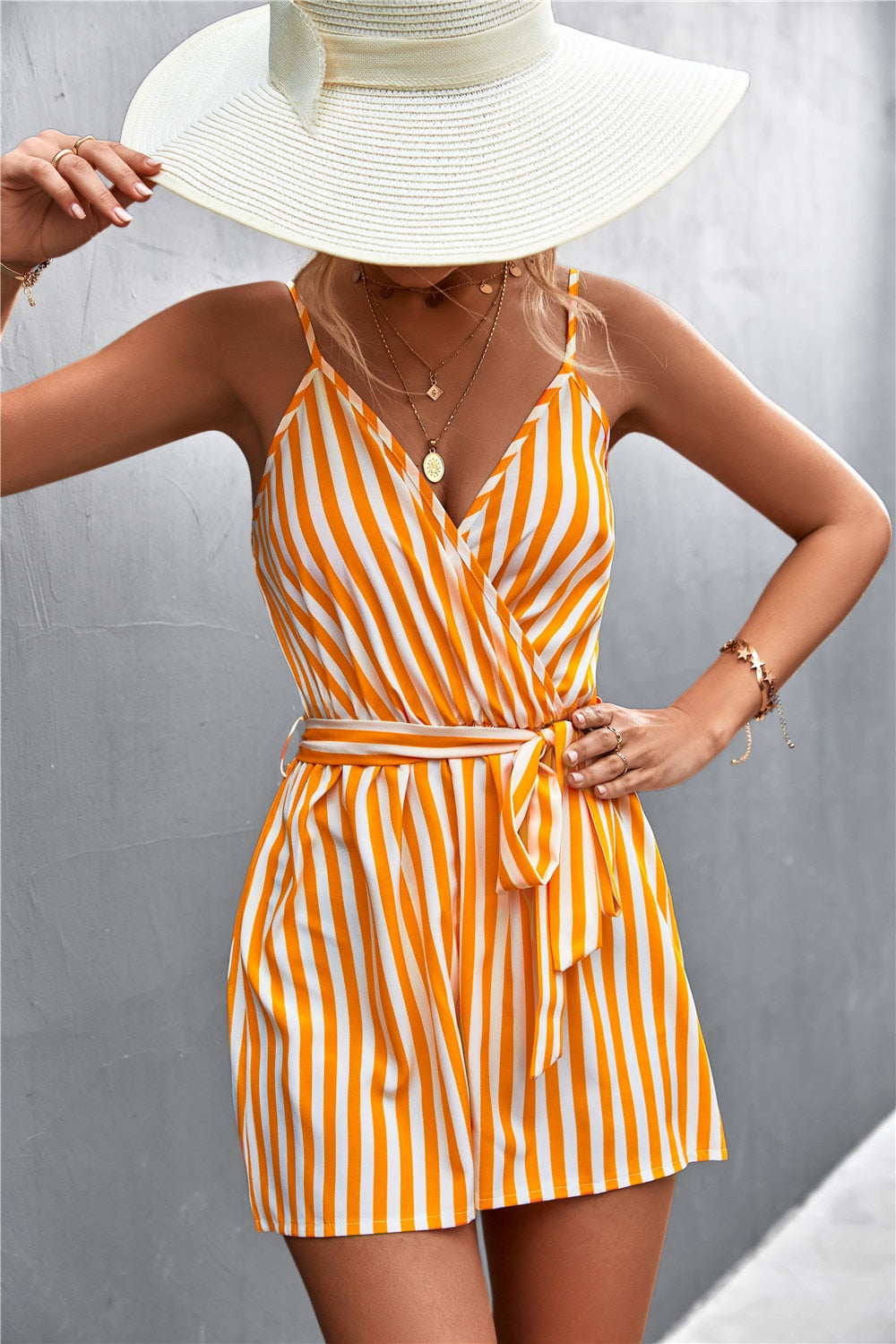 Sexy V-Neck Jumpsuit For Women Casual Stripe Sleeveless Loose Romper Shorts Beach Playsuit Female Outfit