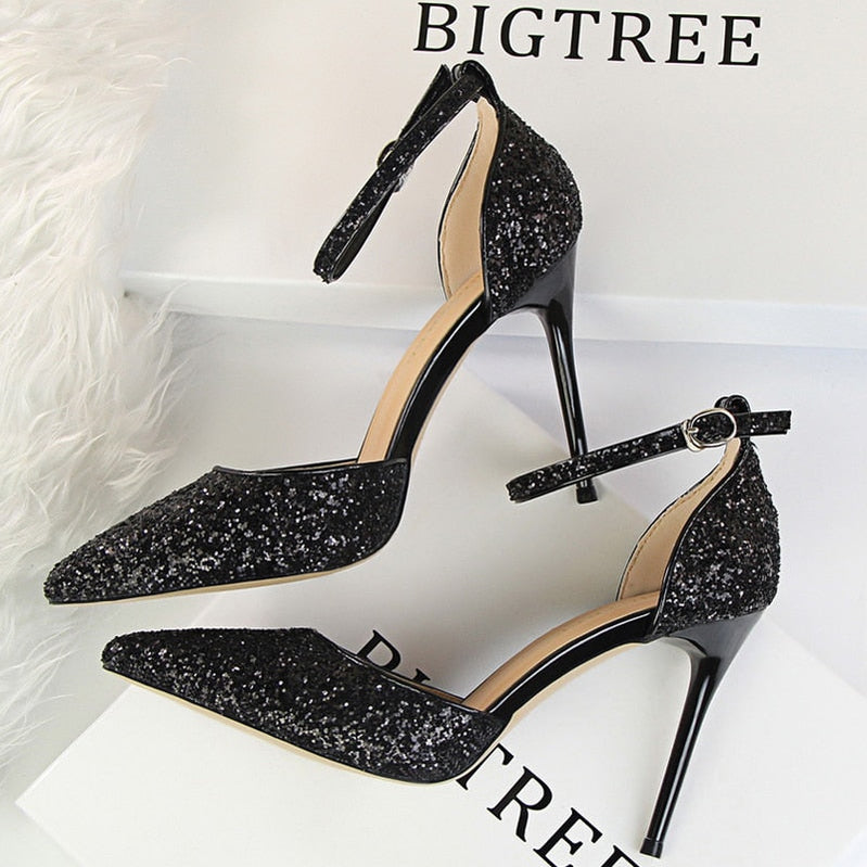 Shoes Sexy High Heels Women Pumps Sparkle Sequins Stiletto Heels 10 Cm Party Shoes Women Heels Summer Women Sandals New 283-1-black9.5cm