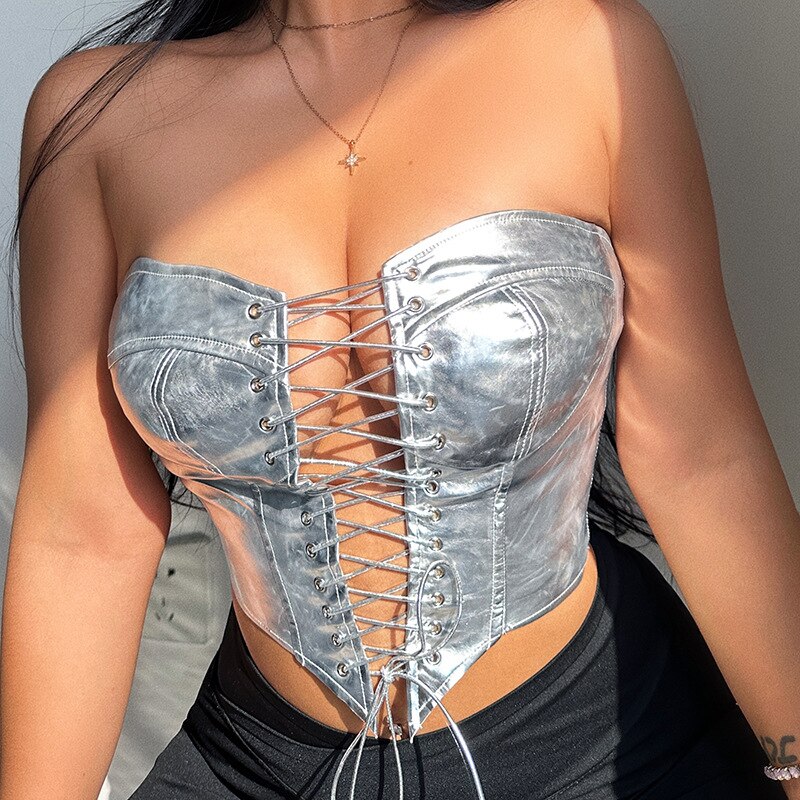 Sexy Women Shiny Gold Silver Bustier Crop Tops Bright PU Leather Crown Girdle Slimming Waist Strapless Low-cut Corset Top Summer silvery