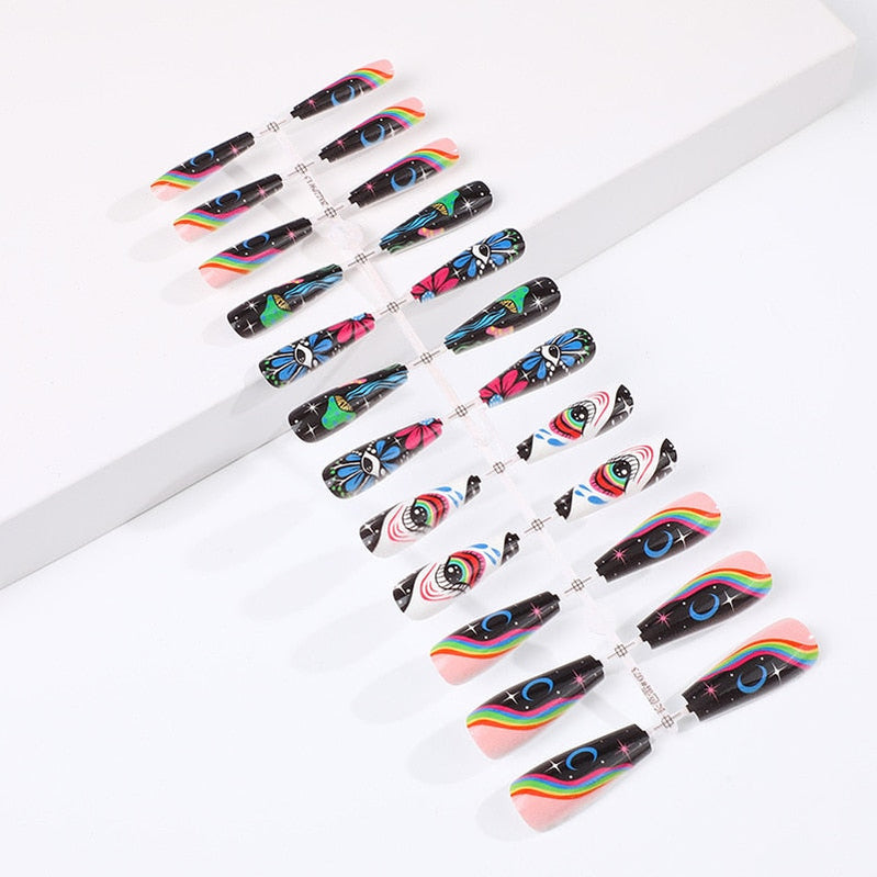 3D fake nails set press on faux ongles long french coffin tips Star Celestial Eye designs DIY manicure accessories false nails B no box