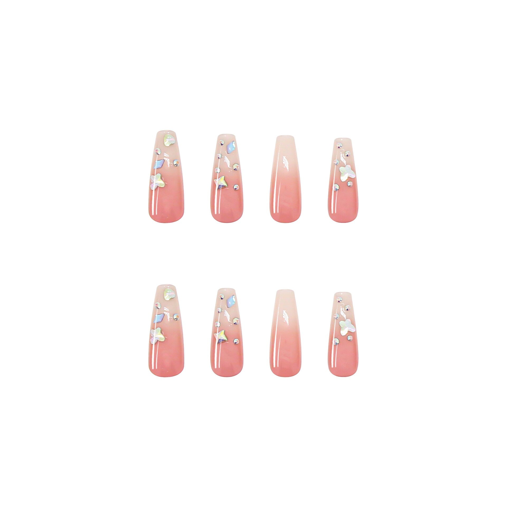 3D fake nails set glossy pink long french coffin tips with glitter star diamond faux ongles press on acrylic false nail supplies