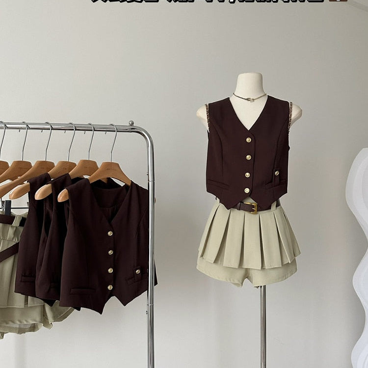 Wanita Two Piece Set dari T-Shirt Top Shoulder dan A-Line Lipit Rok Mini Shorts Y2K Fashion Vintage Harajuku Musim Panas