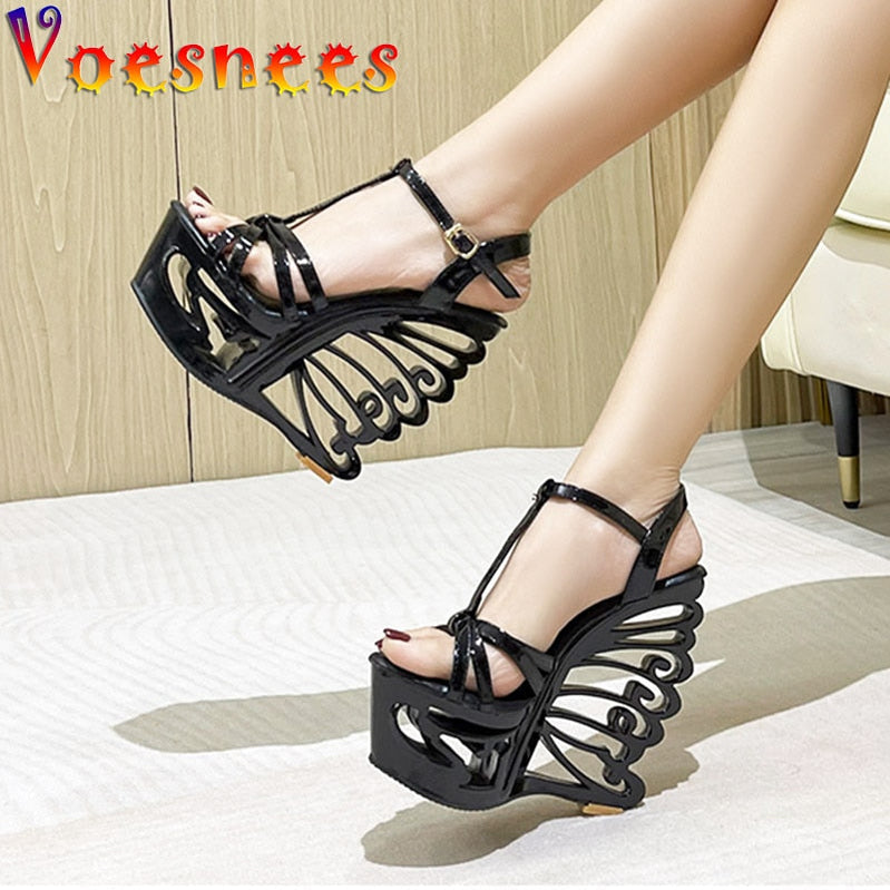 Summer Hollow Out Platform Nightclub Fashion Pumps Woman Super High Heel Wedges Sandals Sexy Ankle Buckle Peep Toe Party Shoes