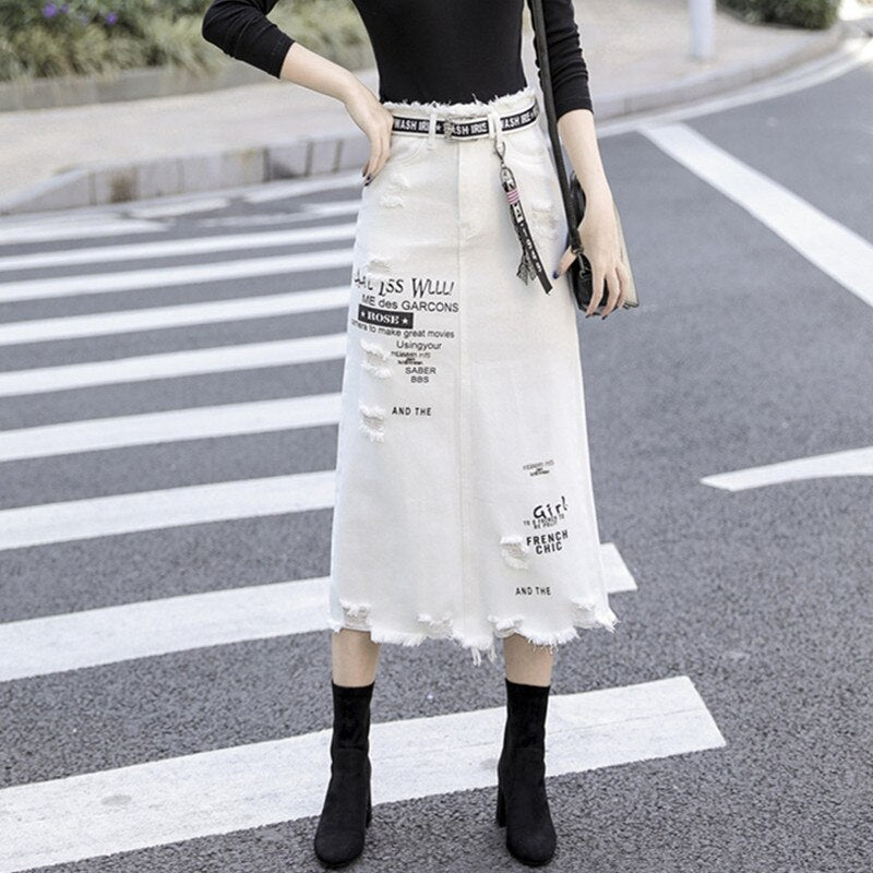 S-5XL Women Denim Skirt Spring Summer 2023 Fashion Casual Medium-long Package hip Irregular hem Slim Waist Skirts Jeans Female White