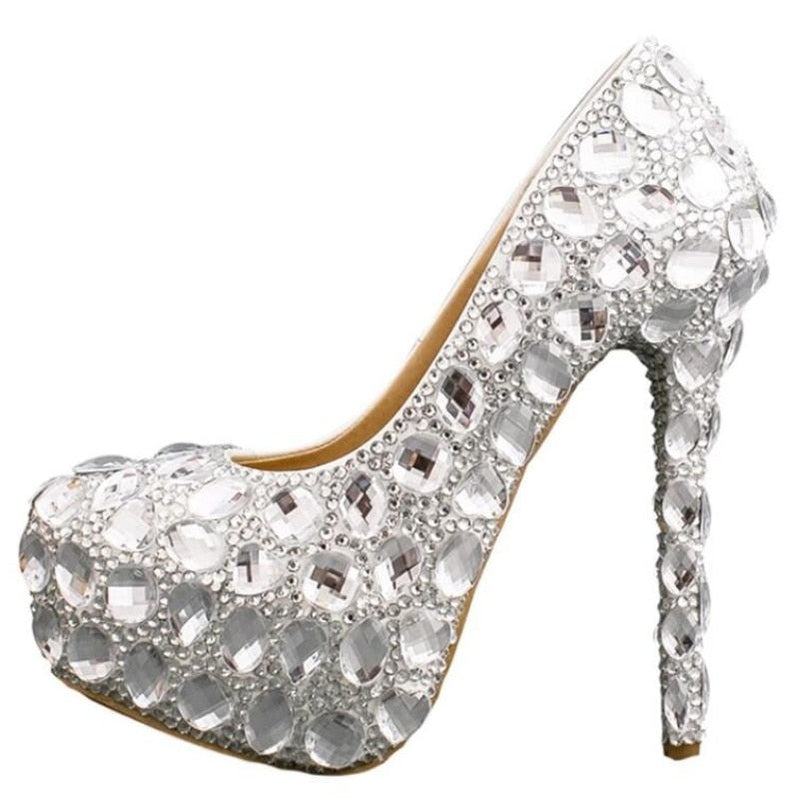Women Rhinestones Pumps Shoes Super Flash Crystal Chaton Wedding Shoes White Bride Shoes Show Diamond High-heeled Shoes