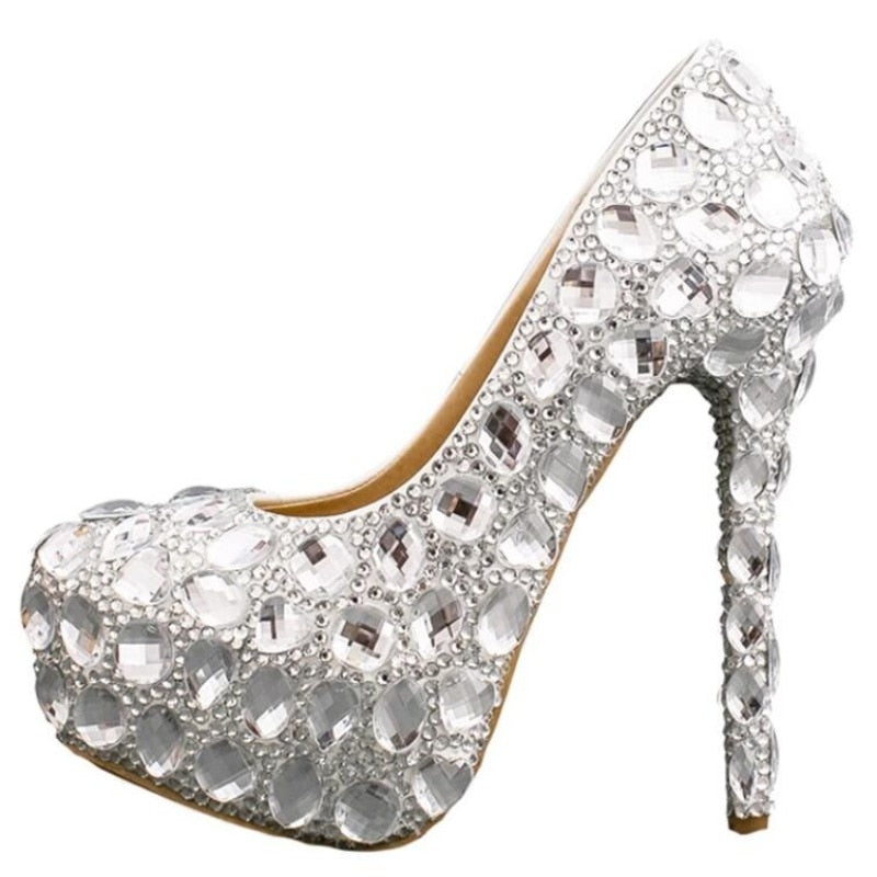 Women Rhinestones Pumps Shoes Super Flash Crystal Chaton Wedding Shoes White Bride Shoes Show Diamond High-heeled Shoes