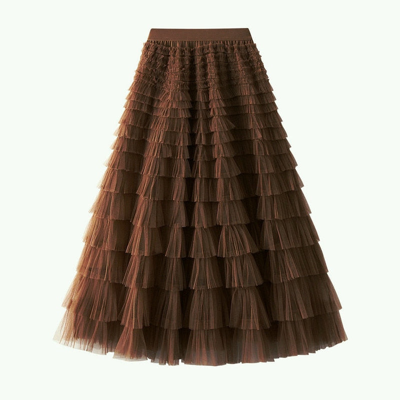 Summer Long Skirt Layered Ruffles Design Elegant Maxi Dress Office Women Commuting Party Attire Autumn Elegant Skirt Long Dark brown