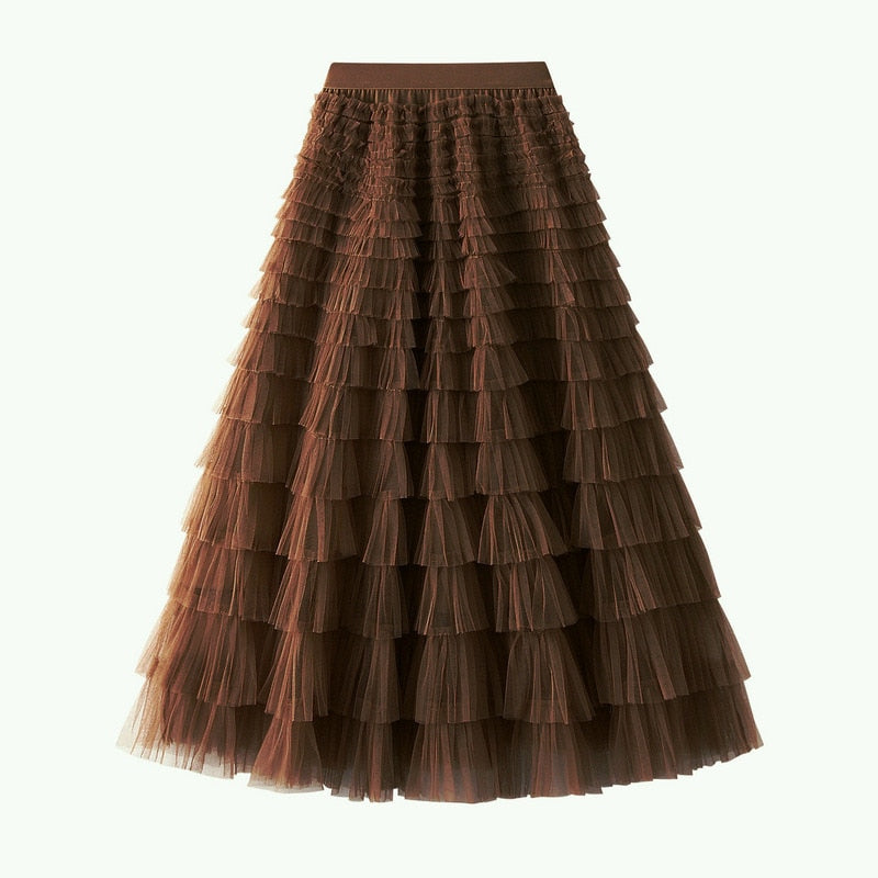 Summer Long Skirt Layered Ruffles Design Elegant Maxi Dress Office Women Commuting Party Attire Autumn Elegant Skirt Long Dark brown