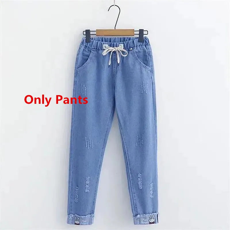 Women's Korean Preppy Style Student 3 Piece Clothing Set Spring Fall Girls Casual Bow Shirt Knit Vest Denim Pants Outfits Only Pants