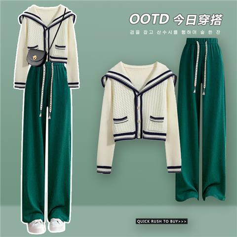 Sailor Collar Two Piece Set for Women Knitted Cardigan + Pant Sets Long Sleeve Korean Outfit Tracksuit New Knit Autumn Suit blue green