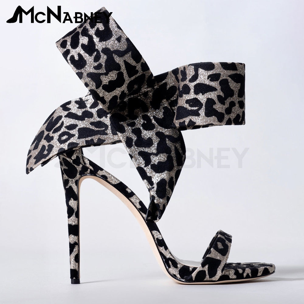 Satin Butterfly Knot High Heels Stiletto Pointed Toe Sandals Luxury Style Shoes Fashion High Heels Shiny Rhinestone Sandals Sale Suede-Leopard