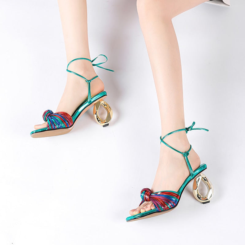 Summer Sexy Women's Sandals Mixed Color Tie a Knot Thick High Heel Platform Silver Roman Shoes Big Size Zapatos Mujer