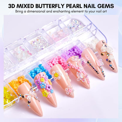 Makartt Nail Rhinestone Glue Kit, 15ml Gel Nail Glue with AB Rhinestone Crystals 3D Nail Art Butterflies Flowers Pearls