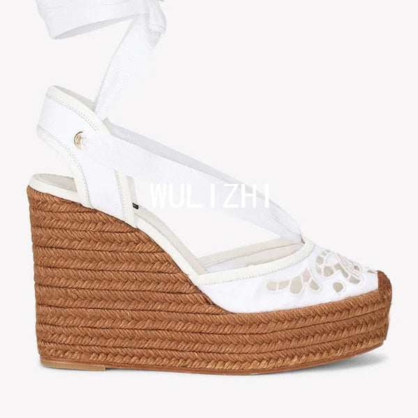 Women Woven Wedge Sandals Blue White Flower Print Graffiti Straw Butterfly Hollow High Heels Ankle Ribbon Wrapping Casual Shoes 12.5cm 1