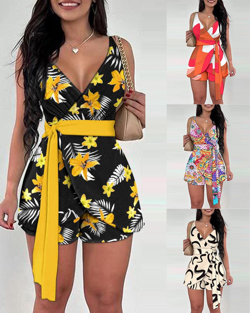 Women Floral Bandanna Printed Sashes Wrap Waist Strap V-neck Skirts Playsuit 2023 Chic Street One Piece Suit Romper