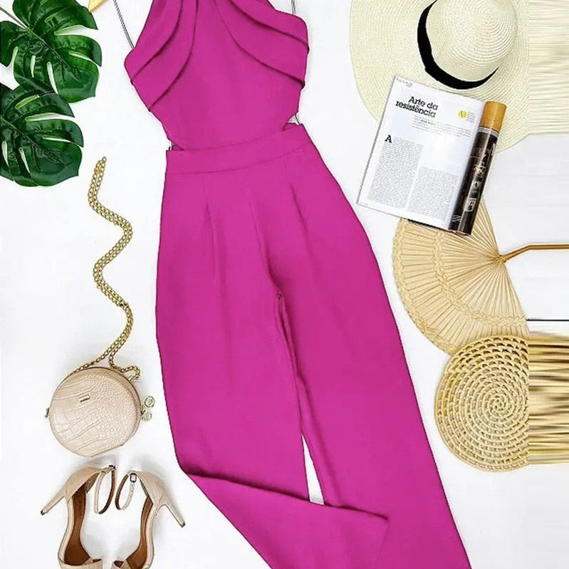 Elegant Europe and America New Solid Fashion Chain Neck Fold Sleeveless Sexy Office Lady Jumpsuit Women Summer OTTD Romper C