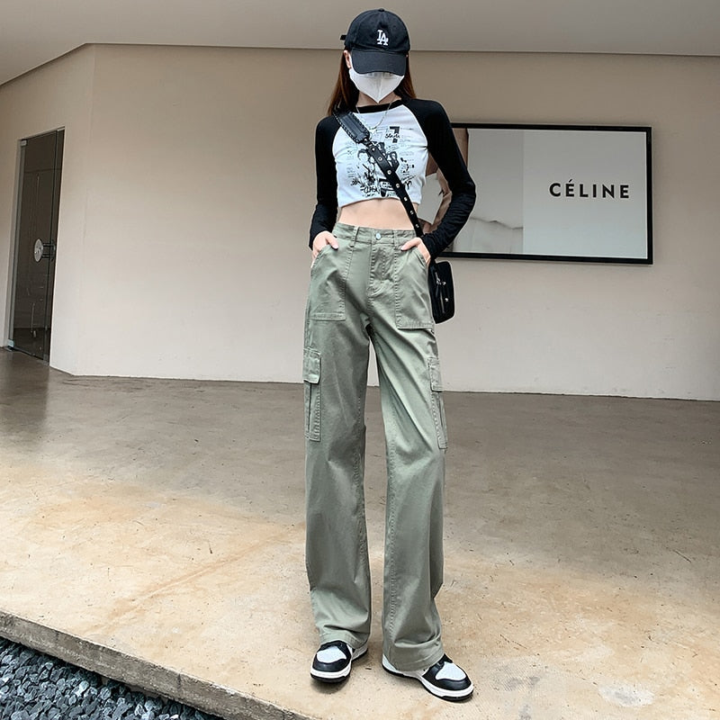 American Retro Khaki Green Pockets Cargo Pants Women 90s Baggy Workwear Jeans Female Straight Loose Wide Leg Trousers Summer Y2k