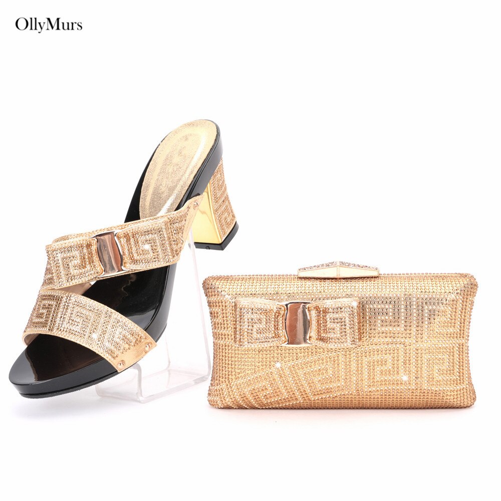New Arrival Elegant Rhinestone Slipper Woman Shoes And Purse Set Italian Style Square Heels Shoes And Bag Set For Party