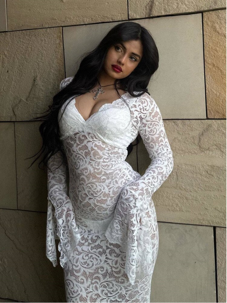 JULISSA MO 2023 Elegant Lace See Through V-neck Maxi Sexy Dress For Women Summer Chic Longsleeves Hollow Out Slim Floor Dress
