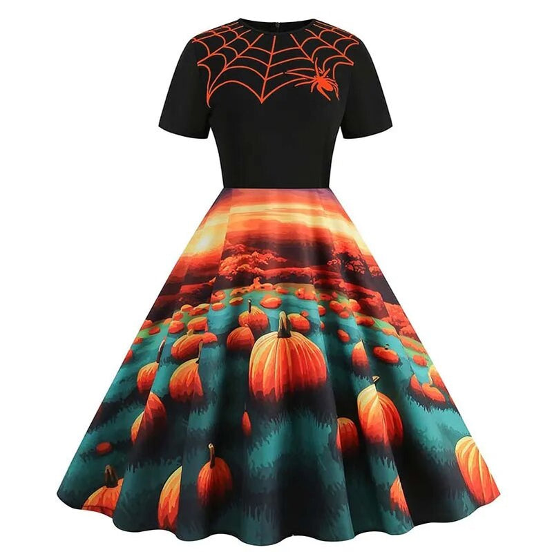 Women Halloween Costumes Dresses Short Sleeve Print Autumn Winter Vintage Party Dress Vestidos 003