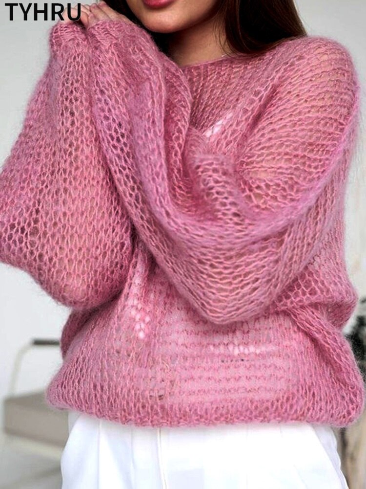 TYHRU Women's Knitted Sweaters Lady Hollow out Mesh Thin Pullover See Through Look Lantern Sleeve Loose Tops Smock