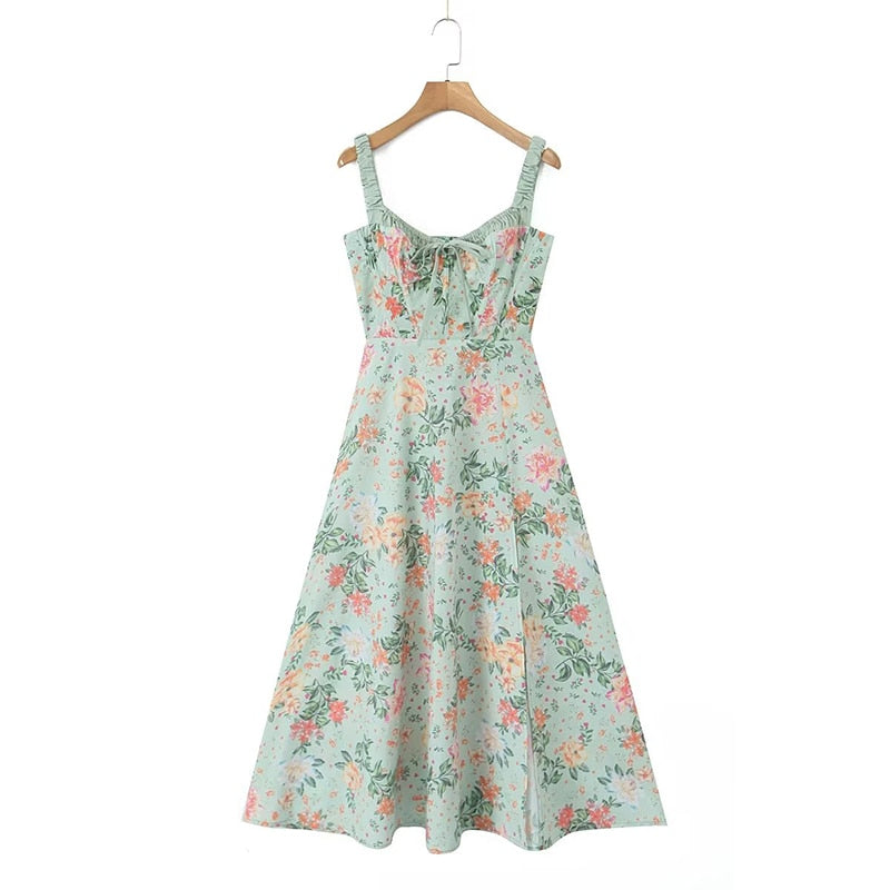 Yenkye 2023 feminino estilo francês floral impressão a linha midi sling vestido sexy sem mangas frente fenda feminino férias festa vestido de verão