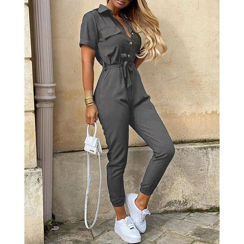 Overalls for Women New Casual Lapel Lace-up Print Belt Work Jumpsuit Women One Pieces Bodysuit Women Chic and Elegant Jumpsuits Gray