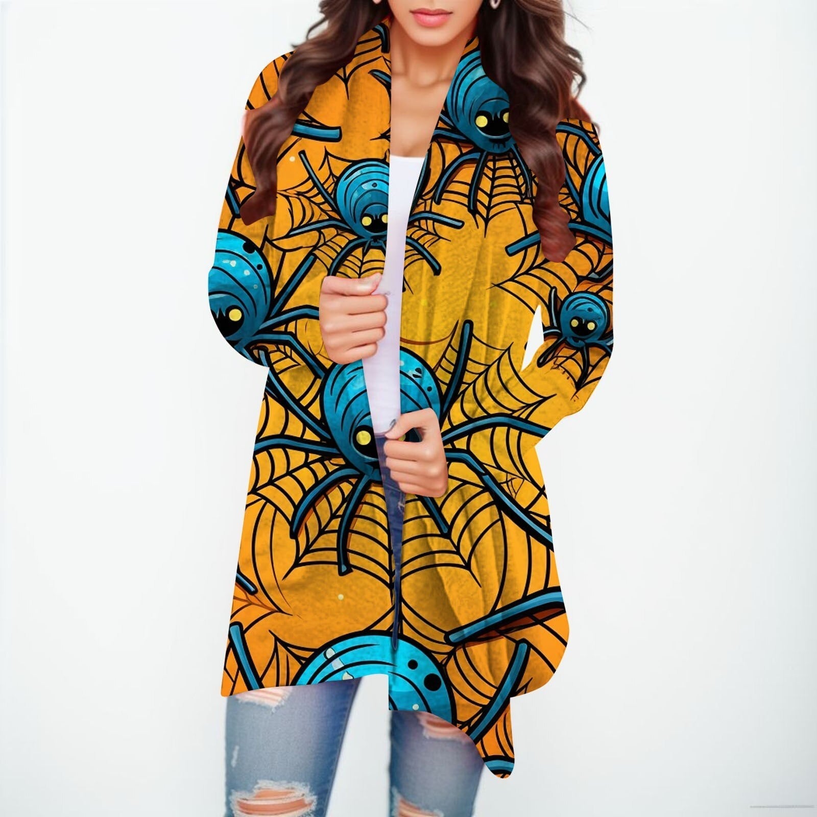 Halloween Print Women's Cardigans Witch Spider Web Fun Graphic Open Front Coat Cardigan With Pockets Fall Casual Coat Jackets J