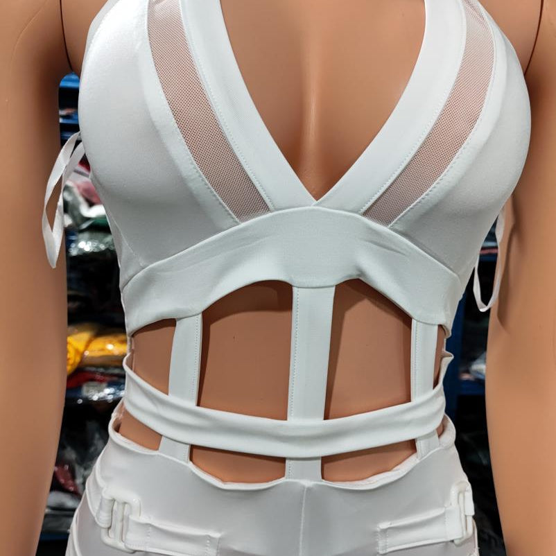 Sexy Night Out Jumpsuit for Women Summer New Sleeveless Plunge Hollow Out Halter Buckled Contrast Mesh Lady Skinny Jumpsuit