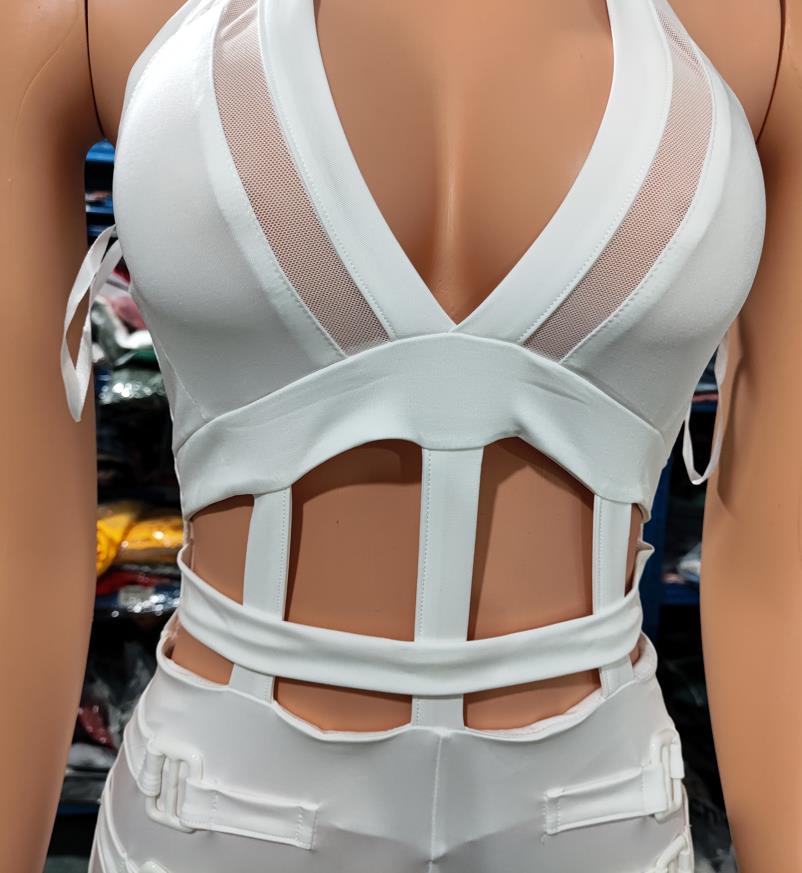 Sexy Night Out Jumpsuit for Women Summer New Sleeveless Plunge Hollow Out Halter Buckled Contrast Mesh Lady Skinny Jumpsuit