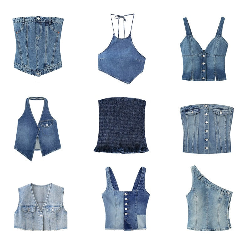 Traf Women's Corset Crop Top Y2k Streetwear Summer Women's Clothing - Vitage Denim Croo Top Women Vest 2023