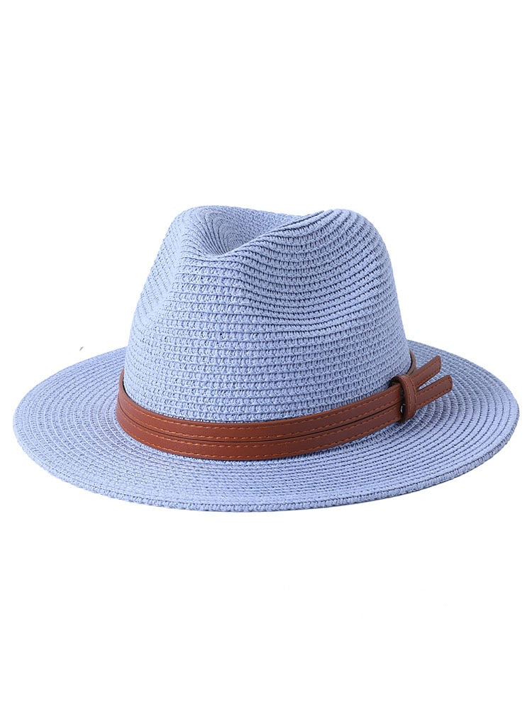 56-58-59-60CM New Natural Panama Soft Shaped Straw Hat Summer Women/Men Wide Brim Beach Sun Cap UV Protection Fedora Hat sky blue01
