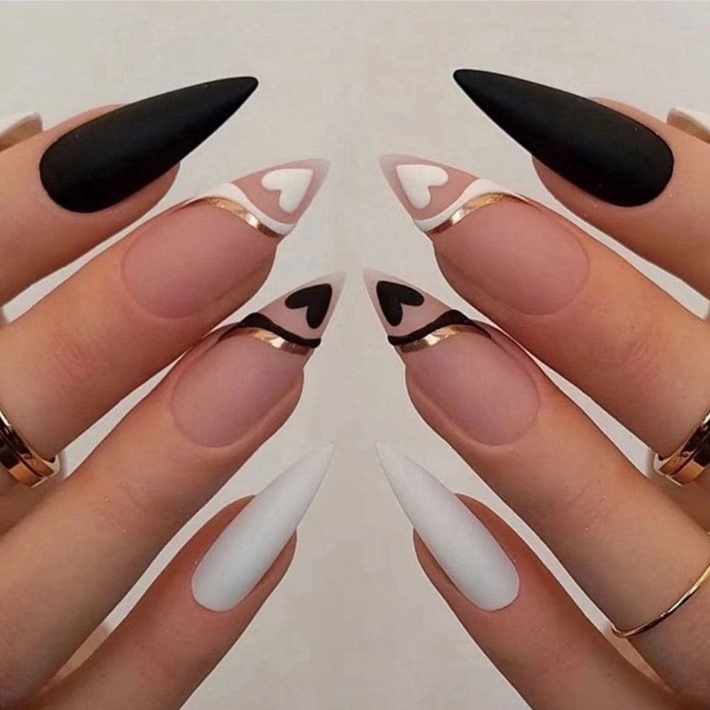 24pcs/set Long Stiletto Fake Nails Punk Snake Pattern Black White Matte False Nails Artificial Full Nail Tips Manicure Tools A-14