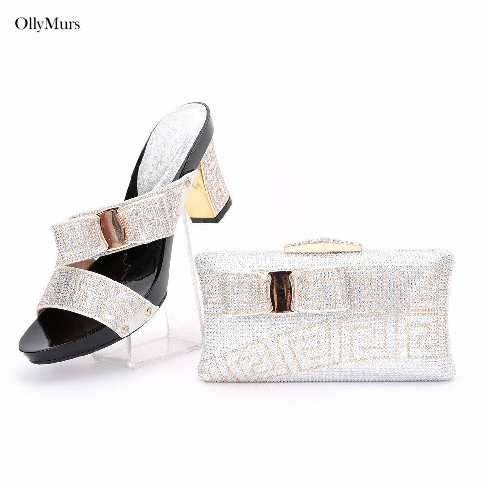 New Arrival Elegant Rhinestone Slipper Woman Shoes And Purse Set Italian Style Square Heels Shoes And Bag Set For Party