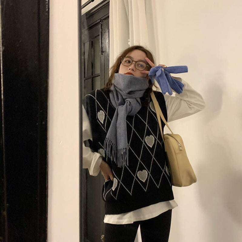 Women Knitted Cardigan Argyle Heart Pattern Jacquard Sweater Long Sleeve Love Style Coat Fall Winter Vintage Korean Tops Vest