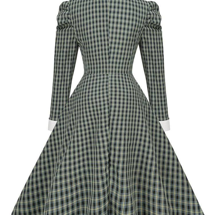 Tonval Gigot Sleeve Button Up Vintage Rockabilly Swing Dress Elegant Party Wear 2022 Women Fall Outfits Green Plaid Dresses