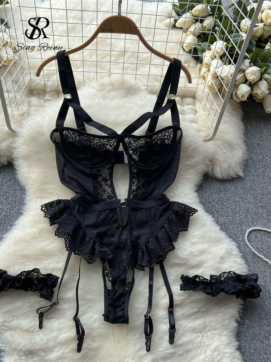 Shapewear Lace Lingerie Bodysuits Women Hollow Out Transparent Slim Sensual Rompers Hotsweet Erotic Sheer Playsuits Black