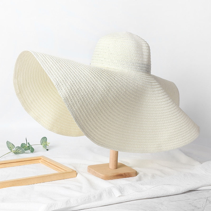 Summer 70cm Large Wide Brim Sun Hats For Women Oversized Beach Hat Foldable Travel Straw Hat Lady UV Protection Sun Shade Hat milk white 54-57cm