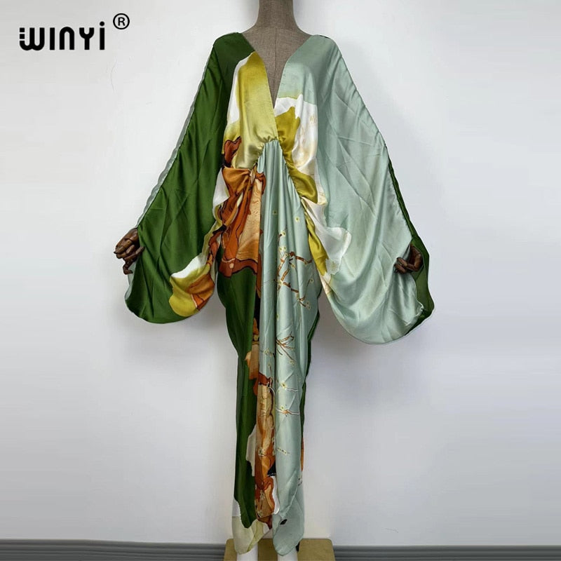 Sexy bech hand-rolled feel silk rayon fashion print Maxi Women's robes long beach V-neck Bohemian dress 20 One Size
